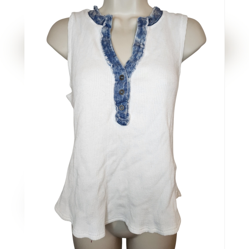 Mystree Waffle Knit Tank Top White Denim Trim Henley Small Boho